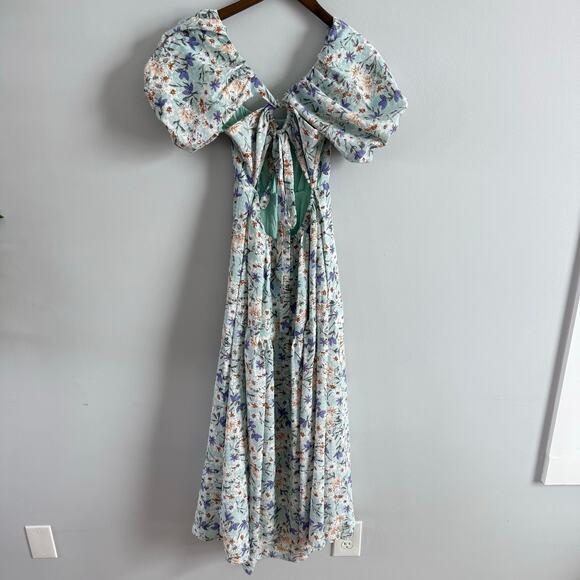 ASTR THE LABEL | Women’s Puff Sleeve Floral Cotton Midi Dress Bubble Blue Spring - Picture 8 of 12